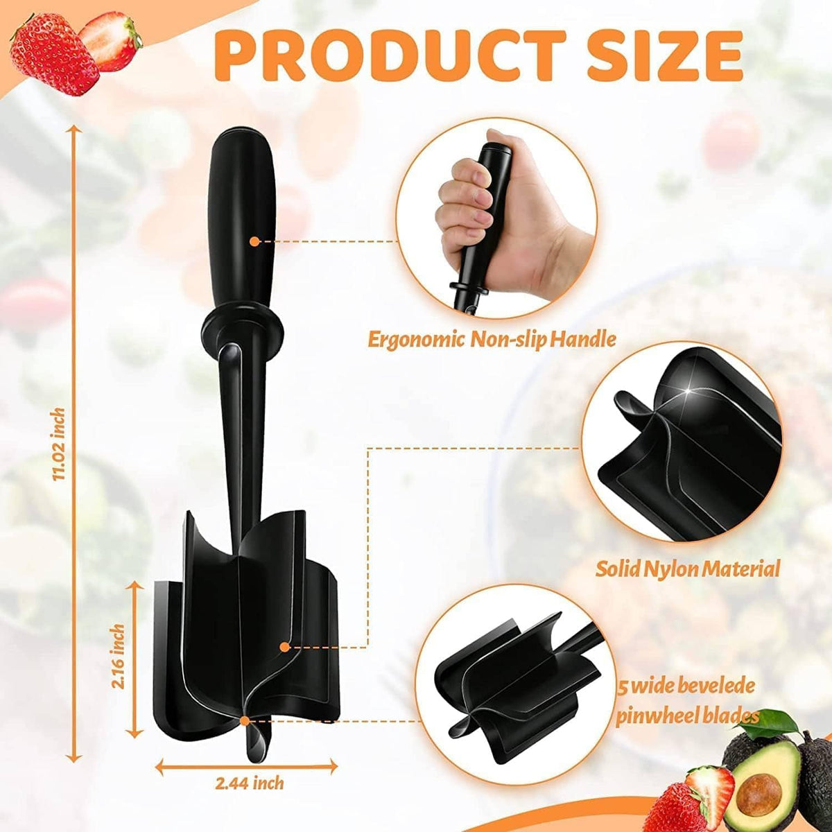 Black meat chopper with ergonomic non-slip handle; size diagram on product