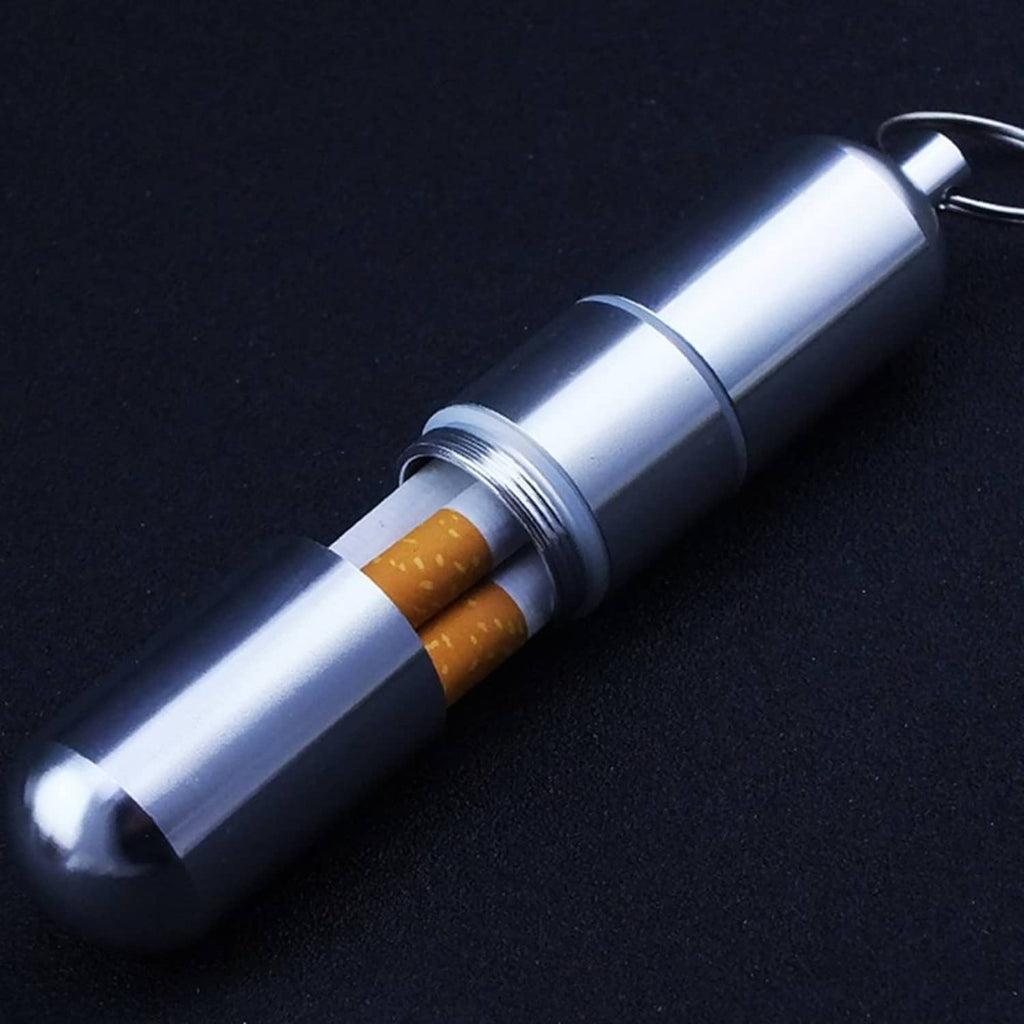 Silver cylindrical cigarette case keychain with cigarettes visible inside