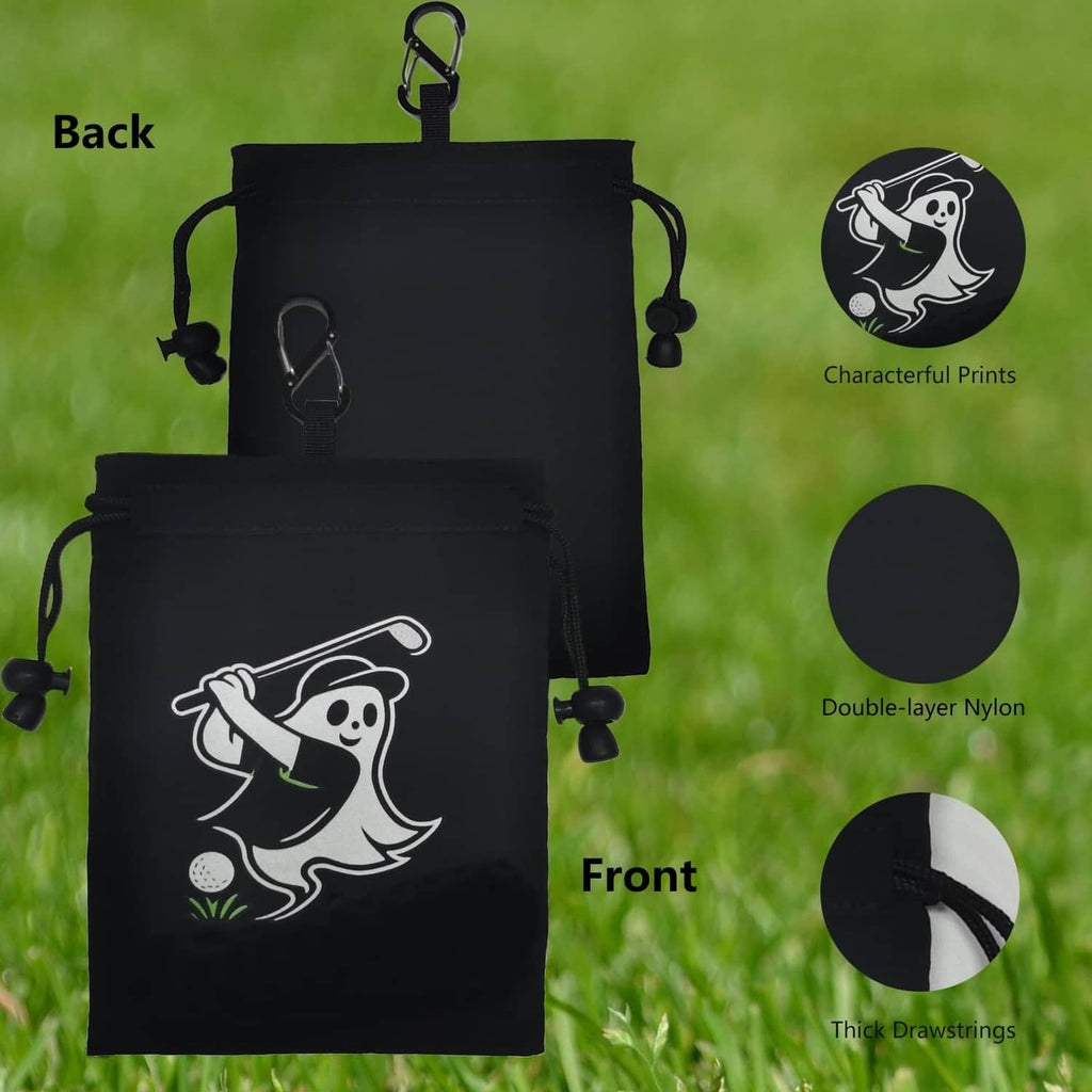 Black golf valuables pouch set showing front and back, drawstring closure and golfer graphic.