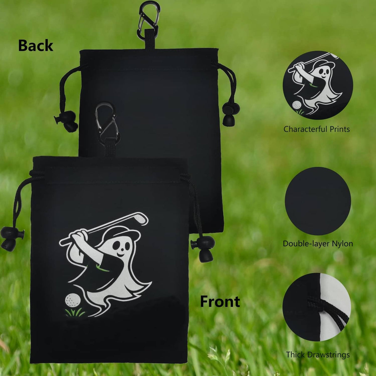 Black golf valuables pouch set showing front and back, drawstring closure and golfer graphic.
