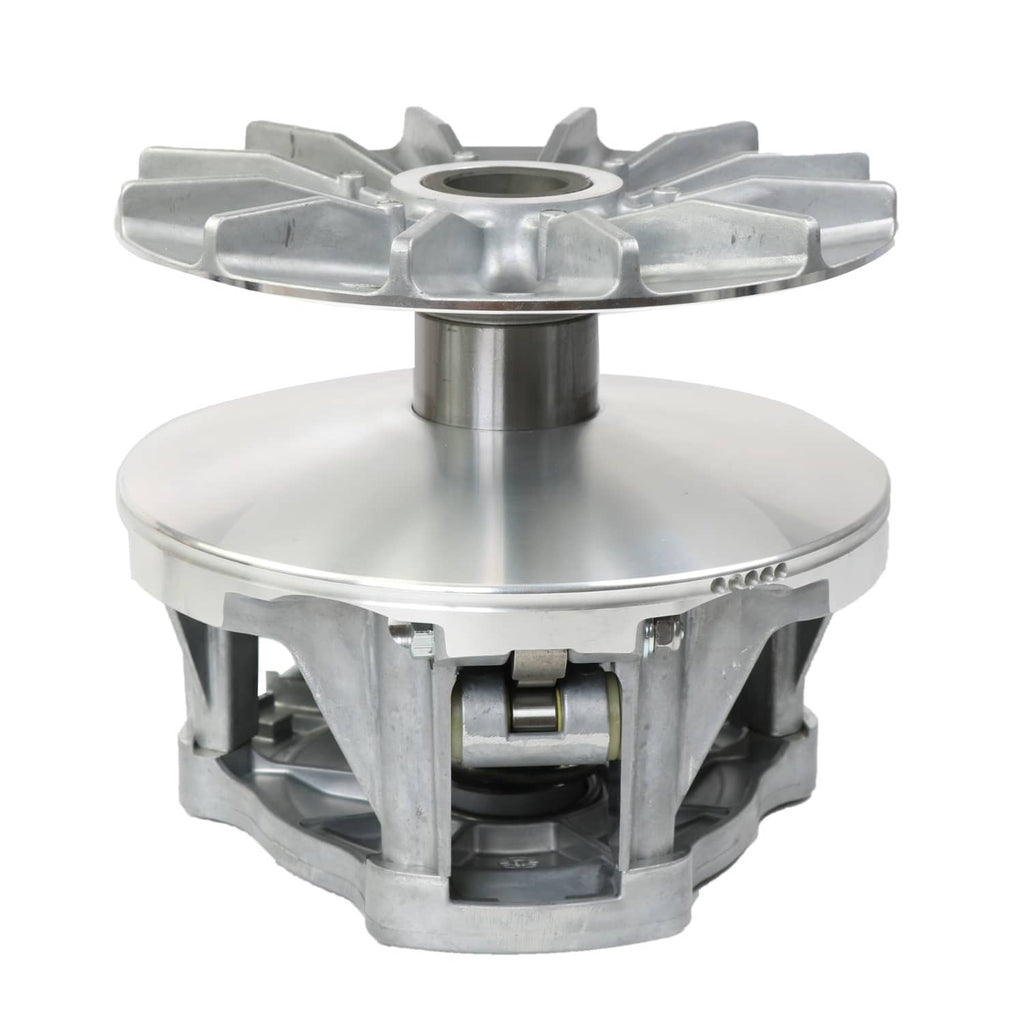 Primary drive clutch, silver pulley face with housing and visible black belt section