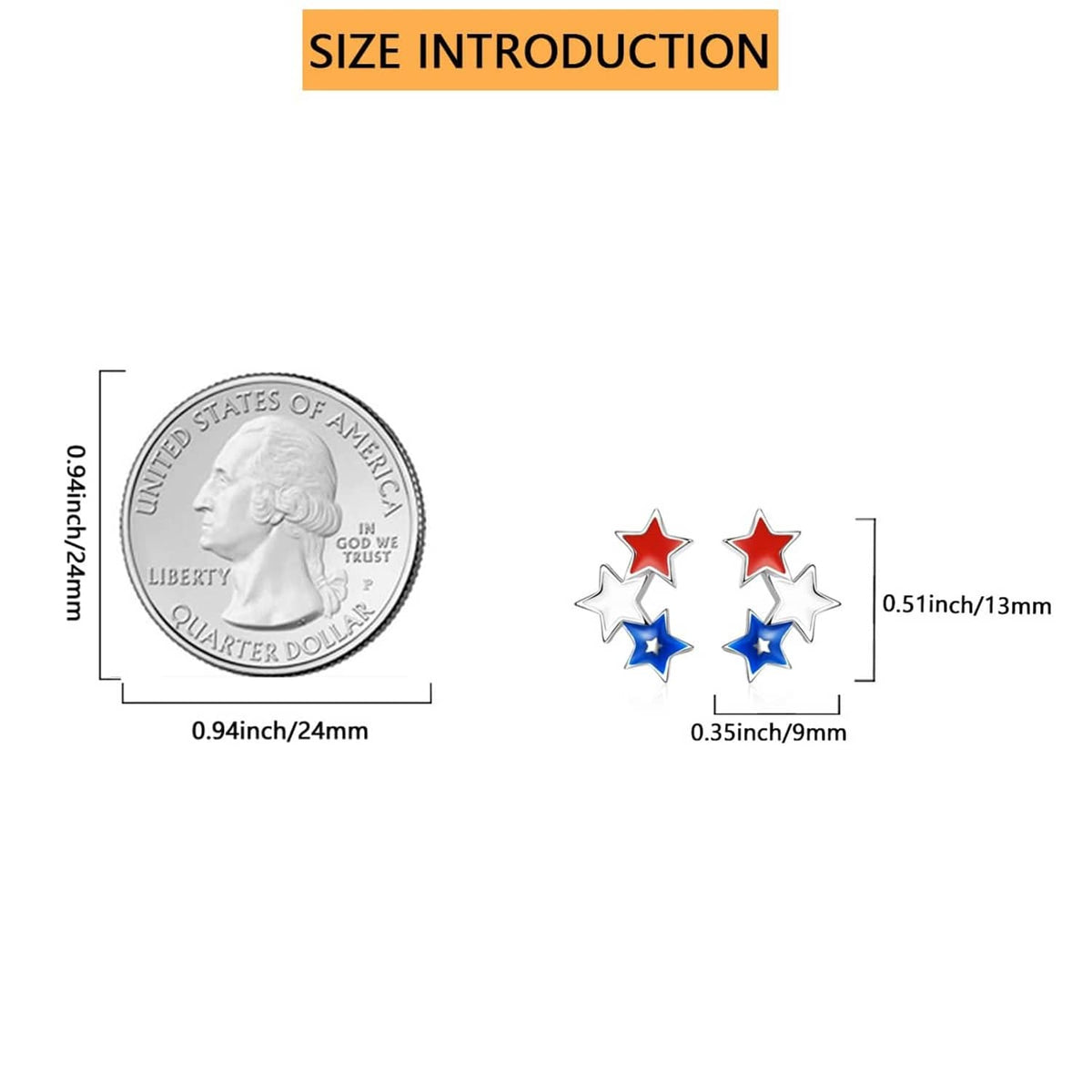 Star stud earrings with red and blue enamel stars, shown with size measurements
