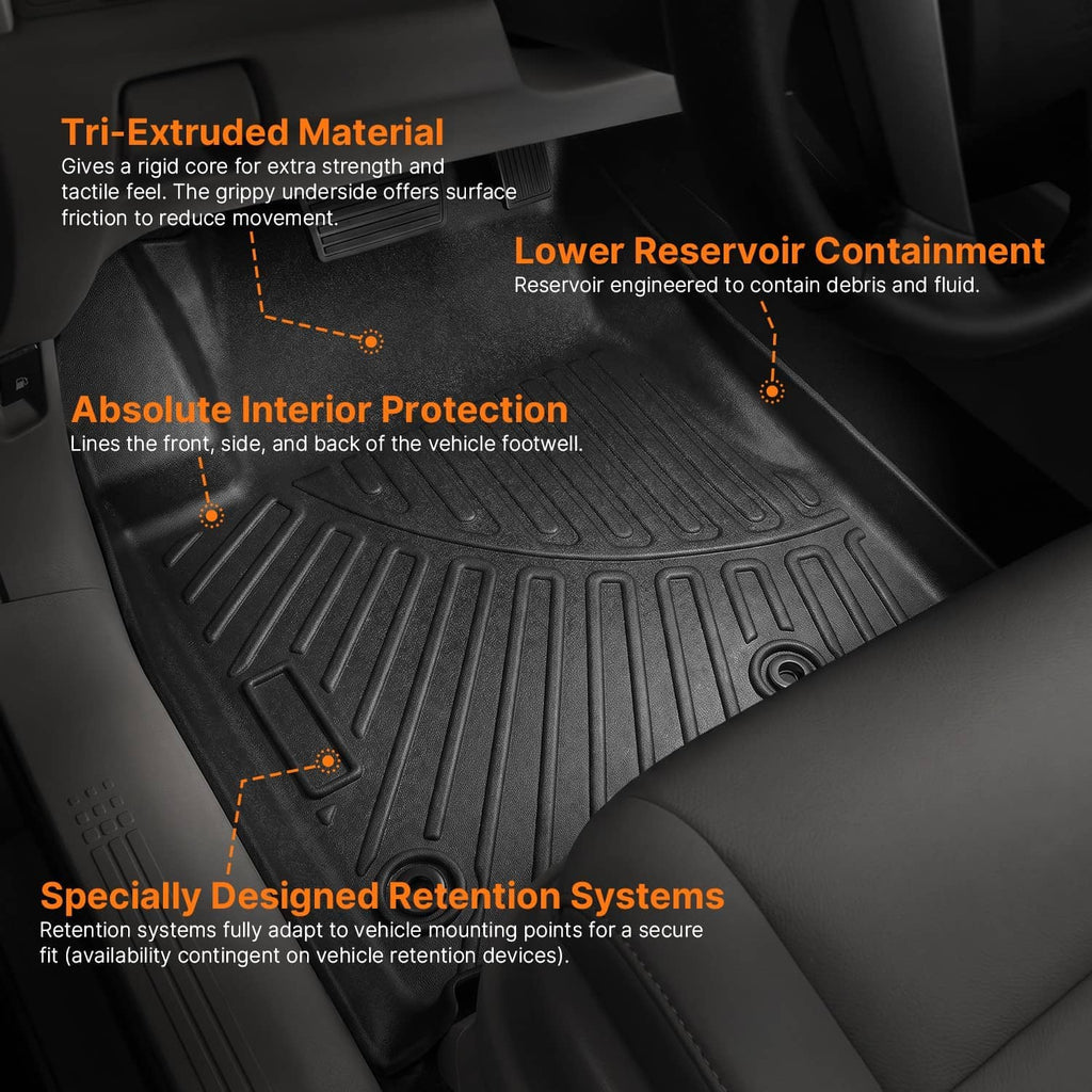 Black TPE floor mat liner with ribbed surface and raised containment ridges