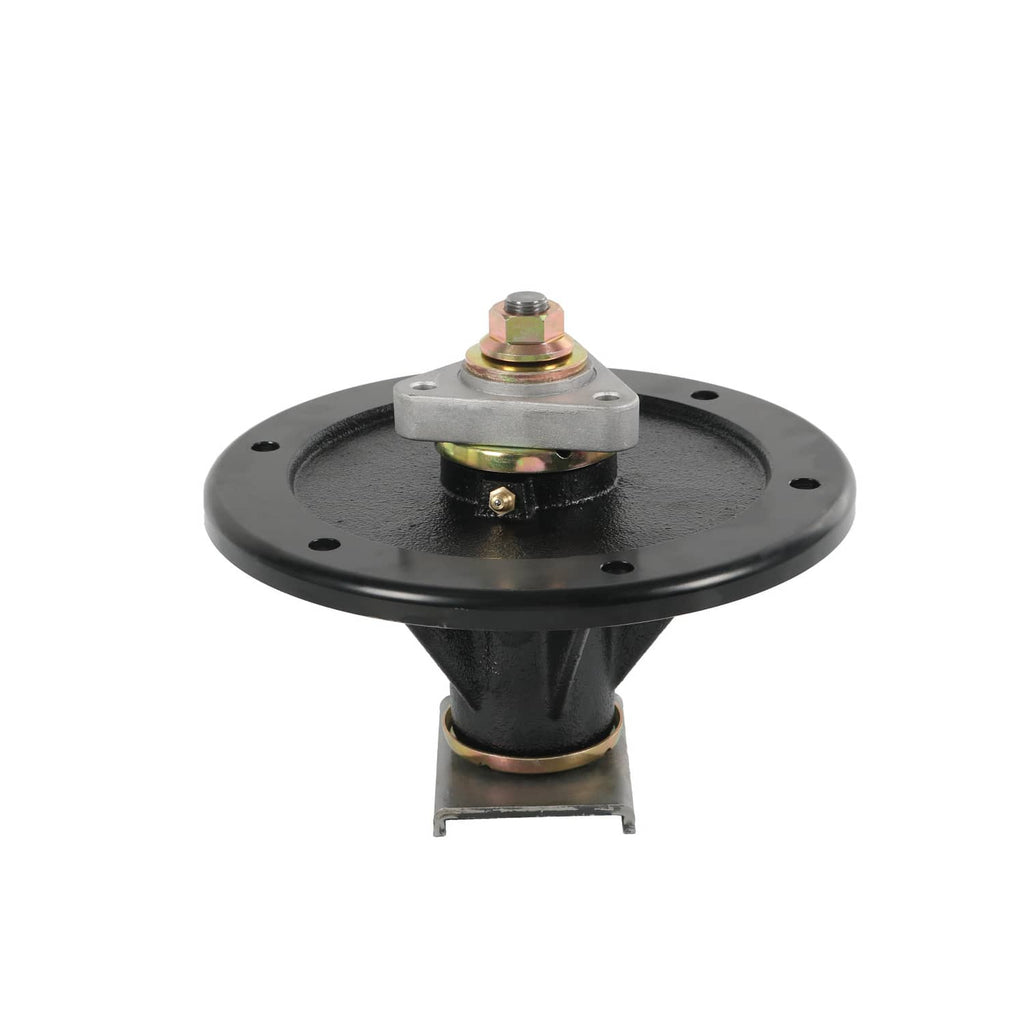 Black deck spindle with circular base, center pivot shaft, and top mounting bolt