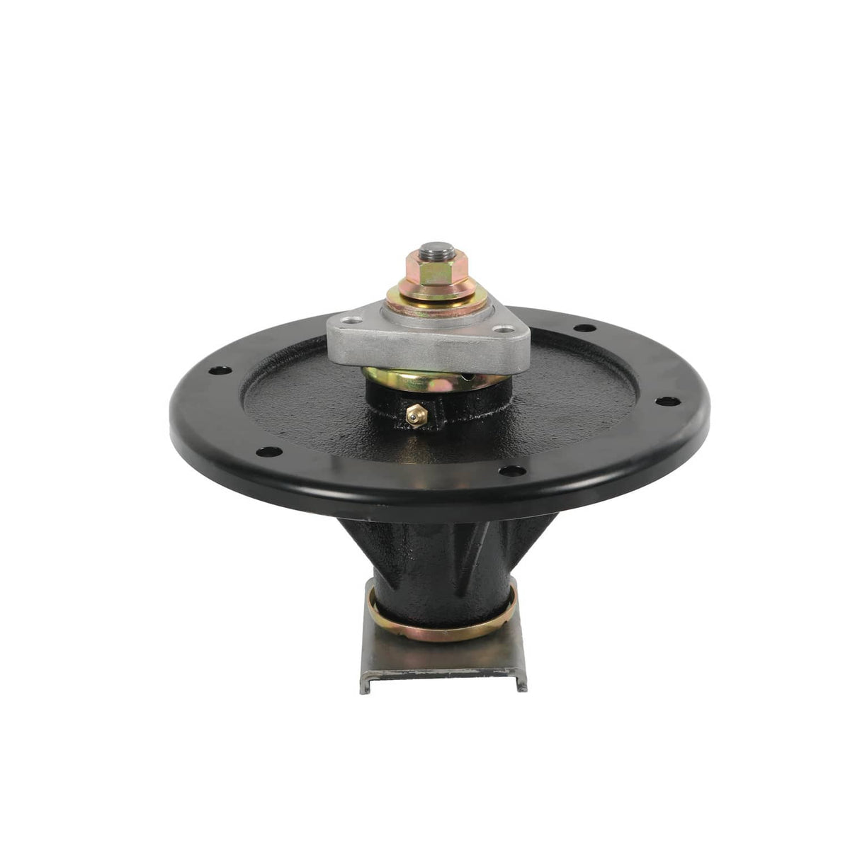 Black deck spindle with circular base, center pivot shaft, and top mounting bolt