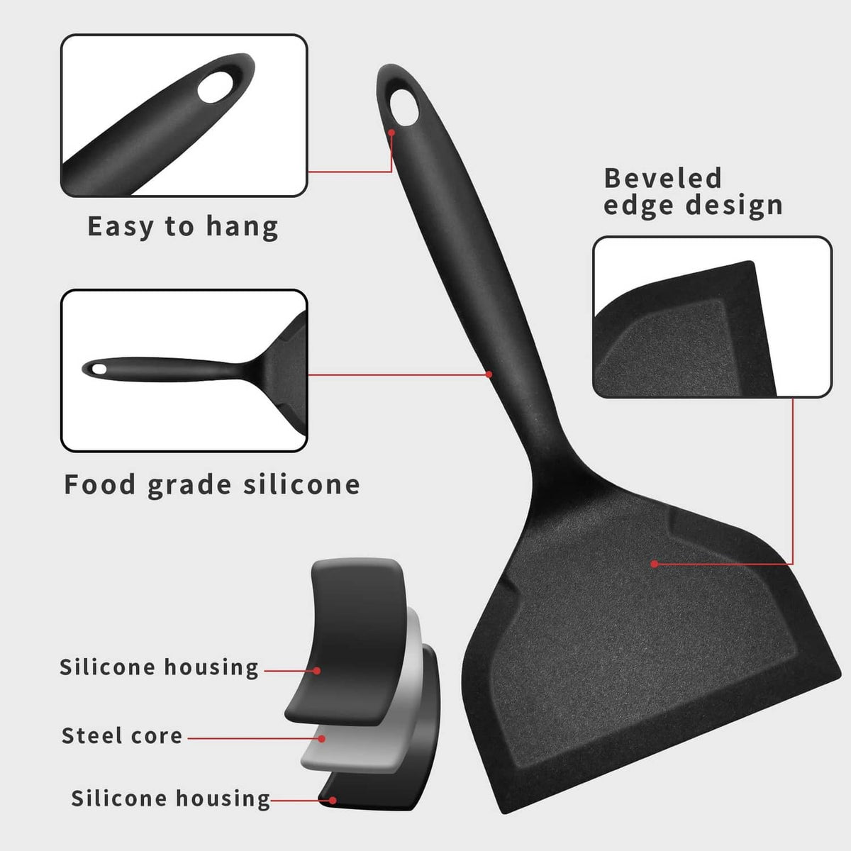 Black silicone pancake flipper with hanging loop and beveled edge spatula head