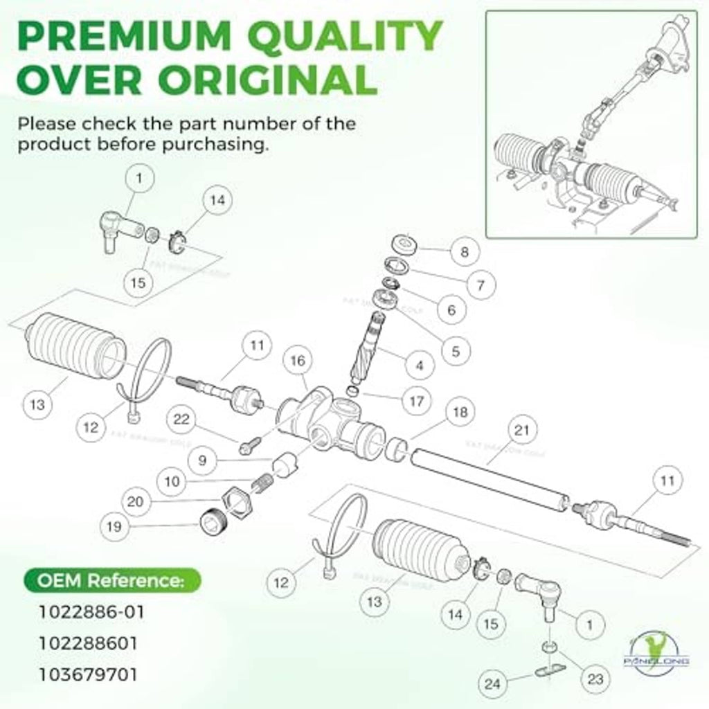 Exploded view diagram of steering rack components with boots and mounting hardware
