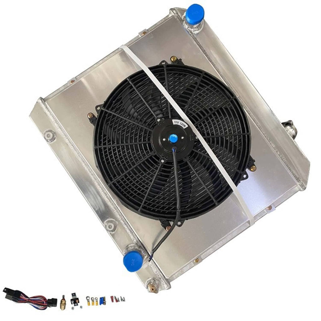 Angled aluminum radiator shroud fan with black blades, blue caps, and wiring harness
