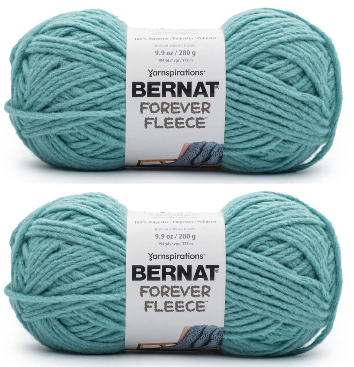 Super bulky teal yarn skeins (2-pack) with Bernat Forever Fleece labels