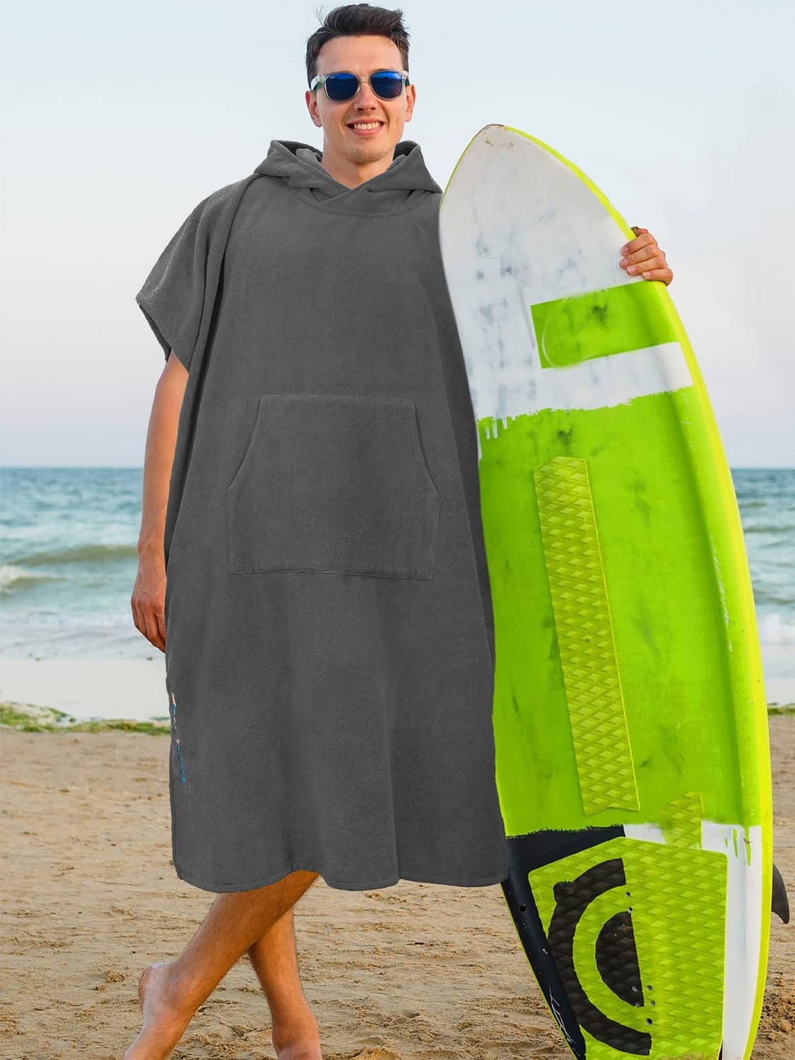 Grey hooded changing poncho robe with large hood and front pocket