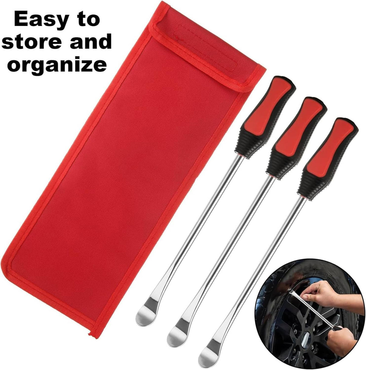 Tire changing tool kit with red storage pouch and chrome levers with red-black grips