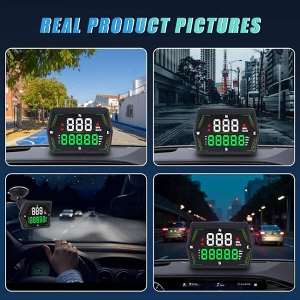 HUD digital speedometer showing green readings on the car dashboard