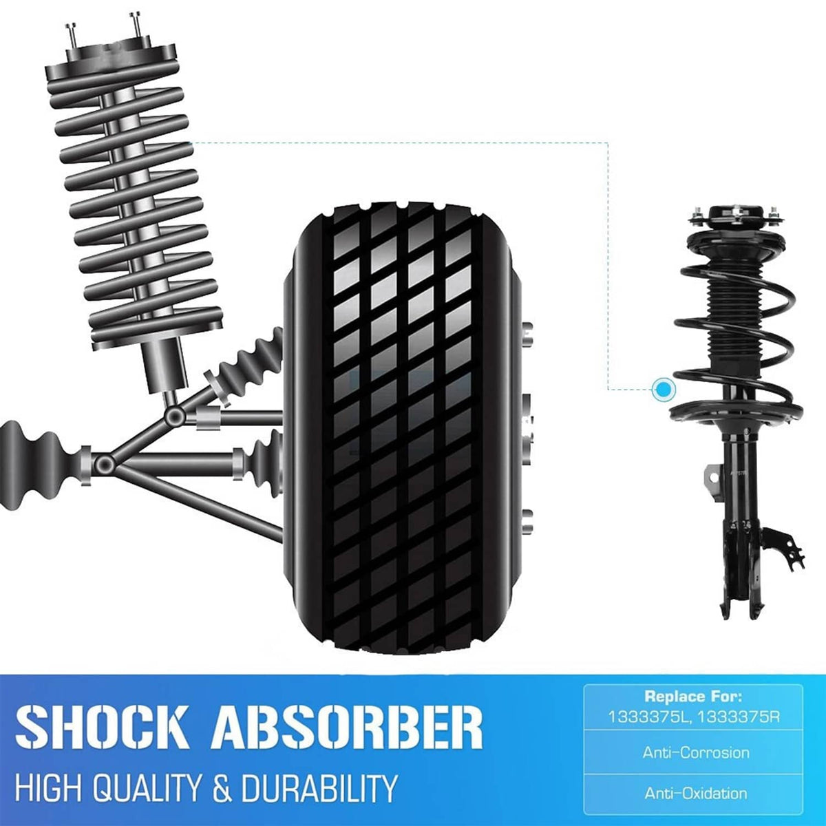 Front strut shock absorber diagram with coil spring and wheel-side mounting bracket