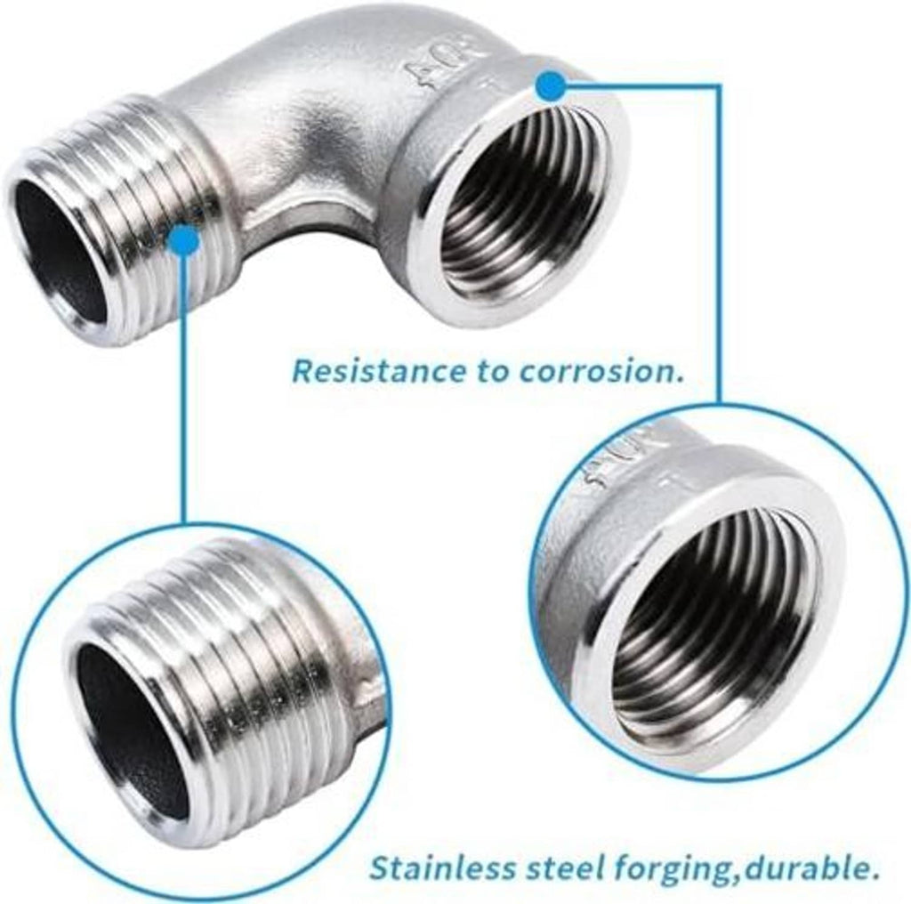 Stainless steel 90-degree elbow fitting showing NPT threads on both openings