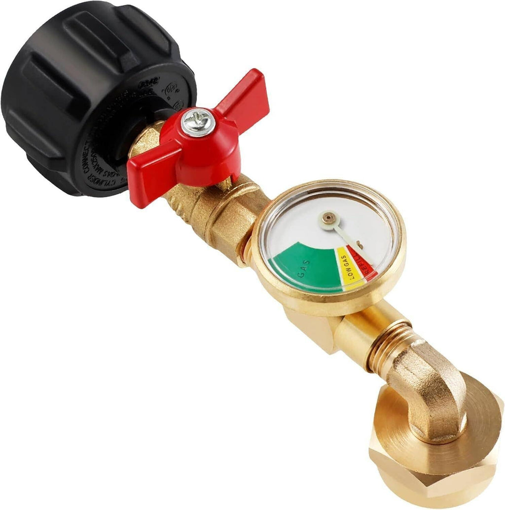Brass propane refill elbow adapter with dial gauge, red lever valve, and threaded outlet