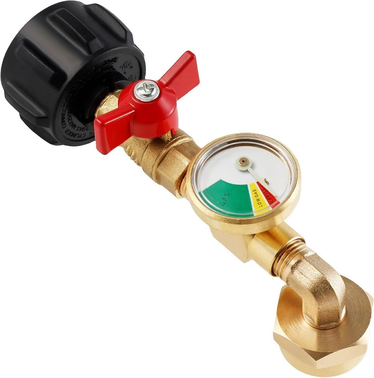 Brass propane refill elbow adapter with dial gauge, red lever valve, and threaded outlet
