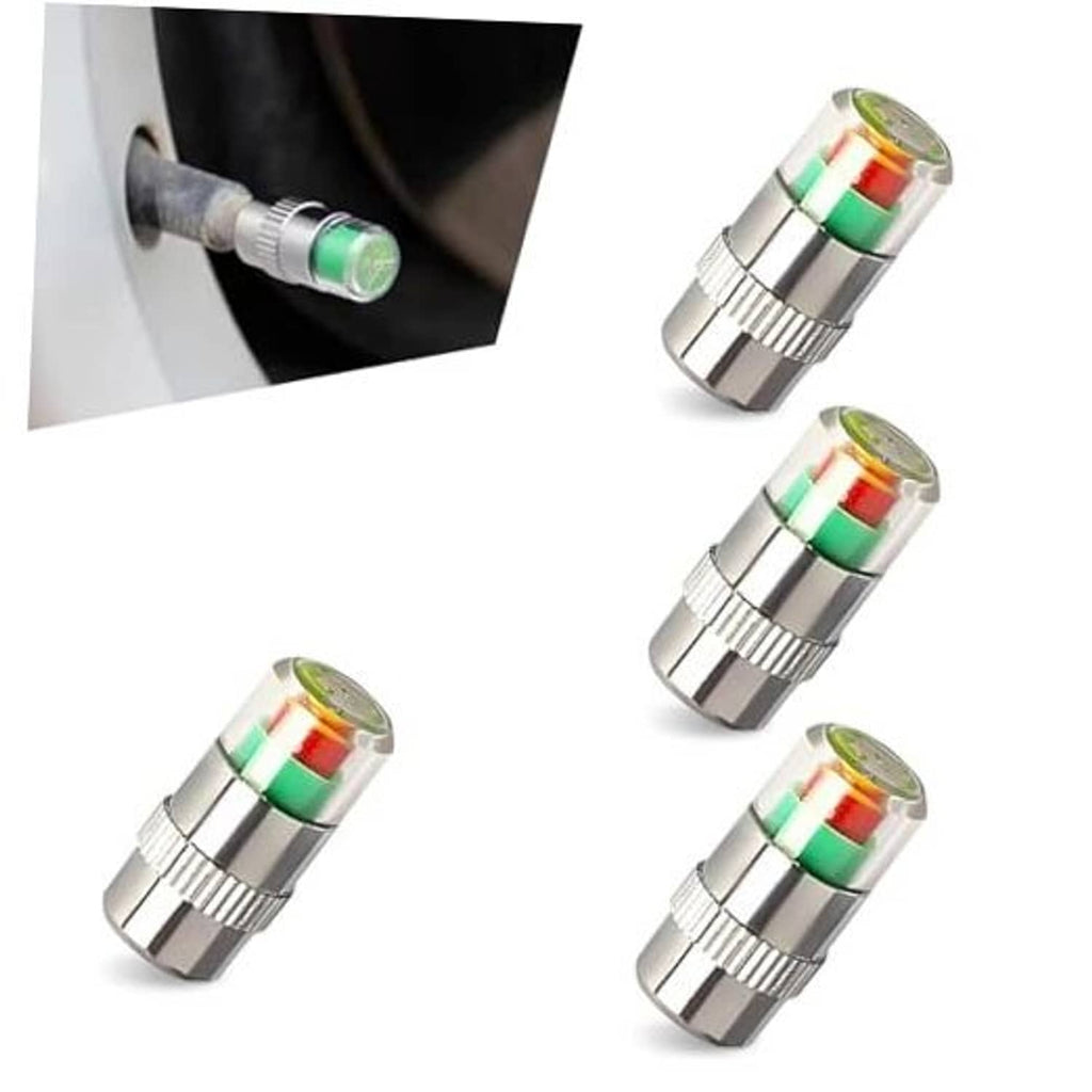 Set of silver car tire valve stem caps with colorful indicator bands, 4-pack