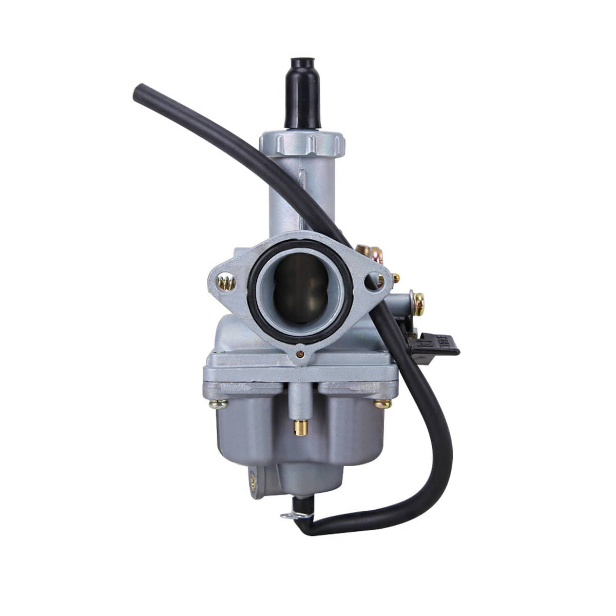 Motorcycle carburetor with open round intake, black fuel line, and light gray body