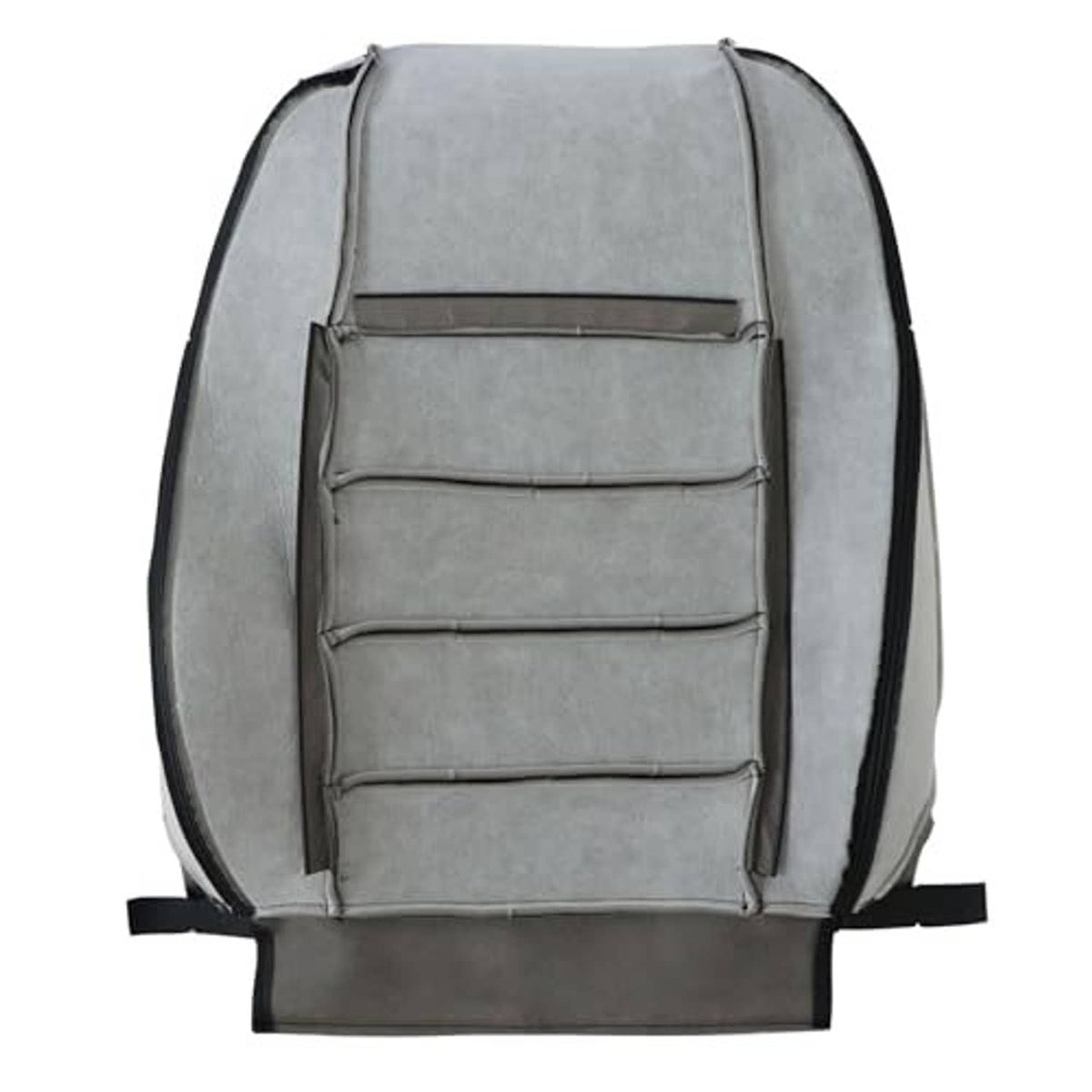 Gray inside lining of seat cover with three stitched horizontal sections and straps