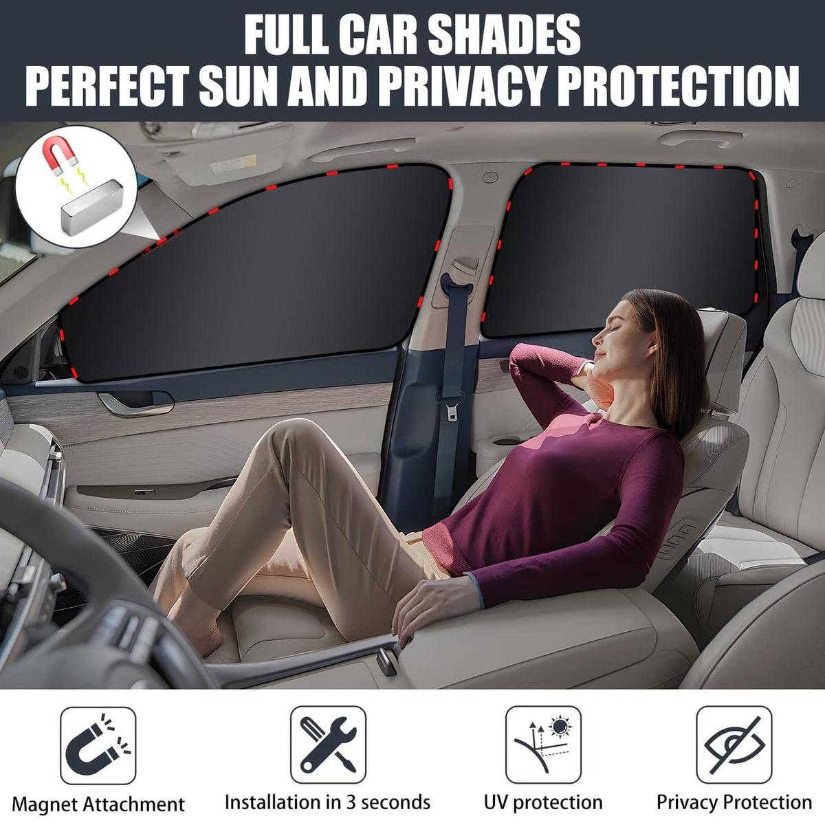 Pair of side window sun shades installed over car windows, silver speckled with black panels