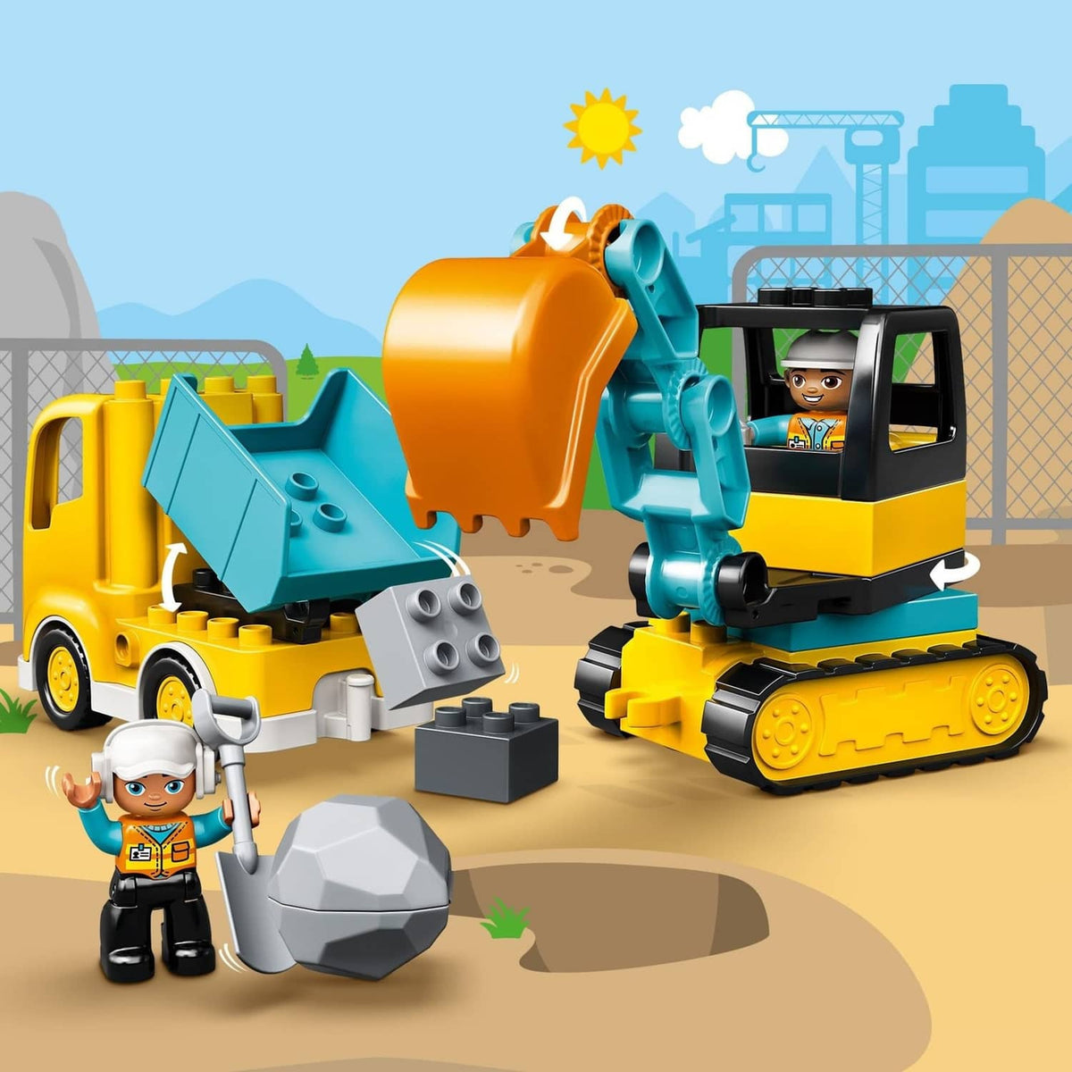 LEGO DUPLO construction vehicles set with yellow truck, blue excavator, worker figure, blocks