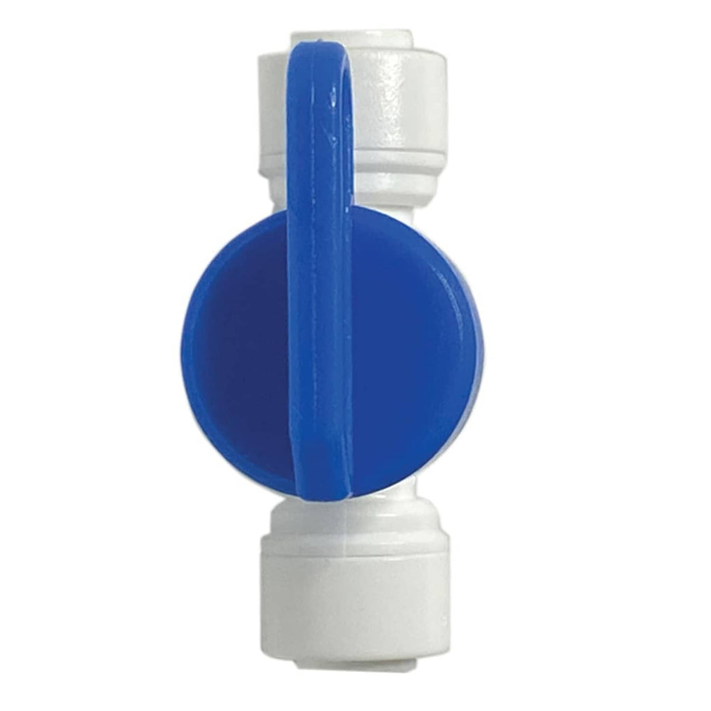 Blue lever push shut off valve on white connector body