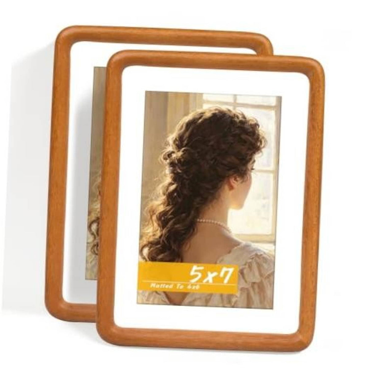 Two 5x7 teak wood picture frames with rounded corners and clear glass front