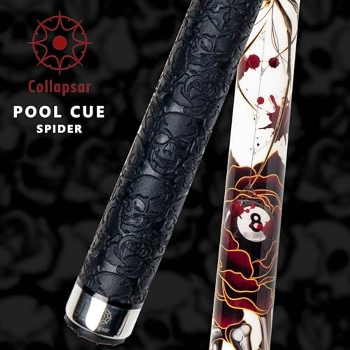 Close-up of black pool cue butt and shaft with spider rose and 8-ball graphic