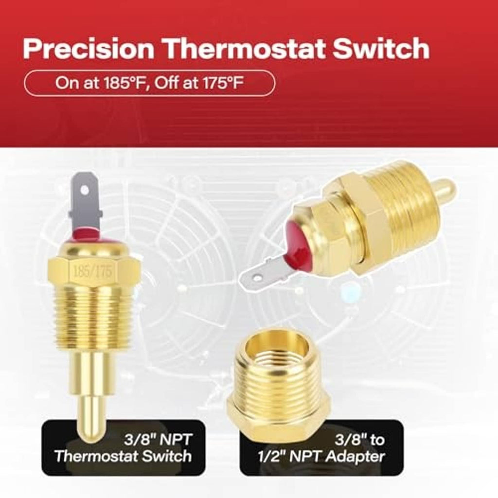 Thermostat switch set to 185°F on and 175°F off with brass NPT adapter