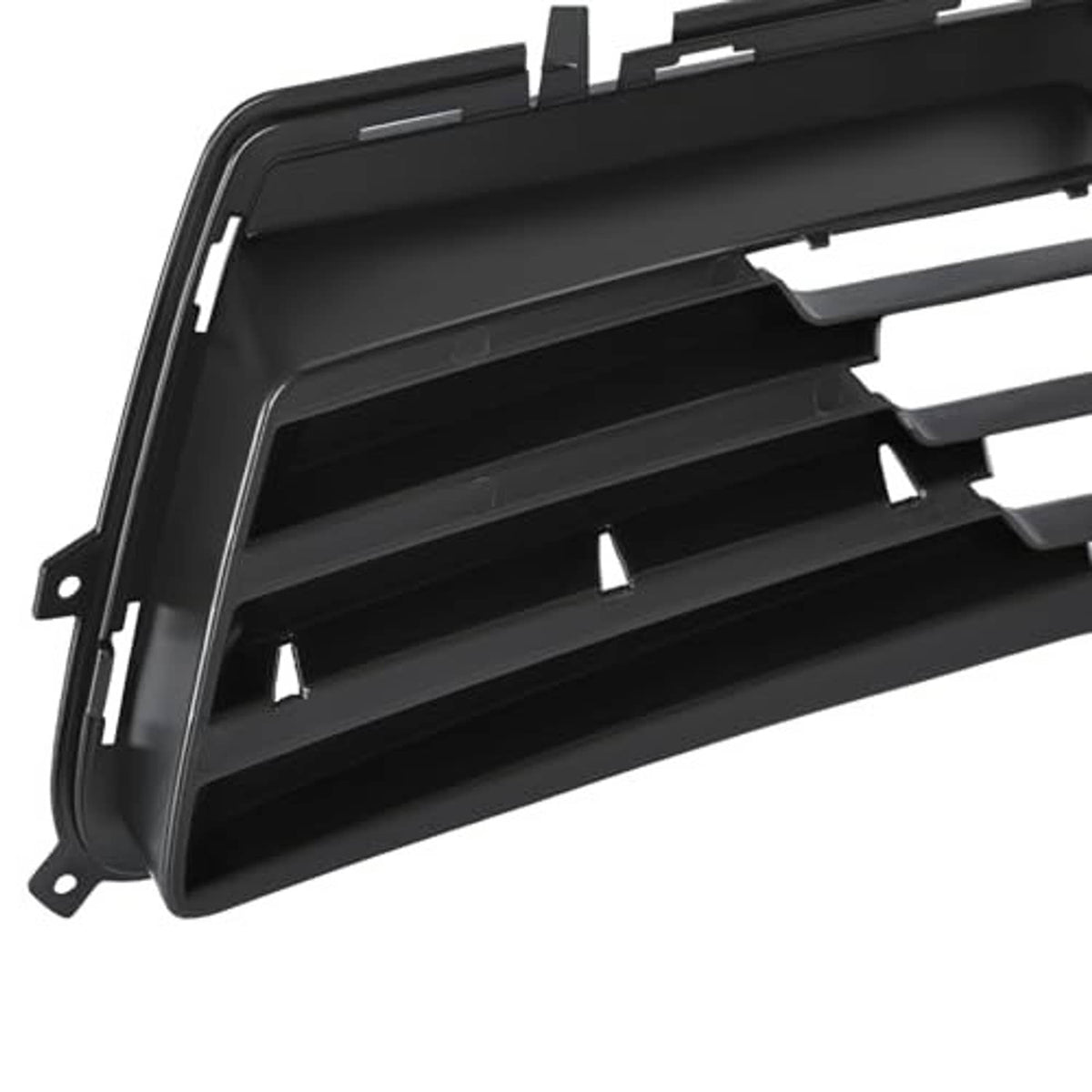 Close-up of black lower grille with inner horizontal slats and brackets