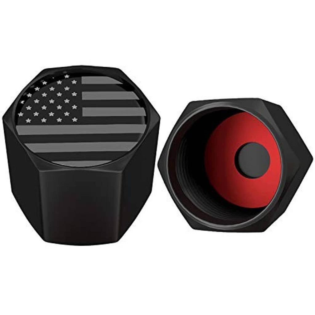 Two black tire valve stem caps: American flag front and red seal side