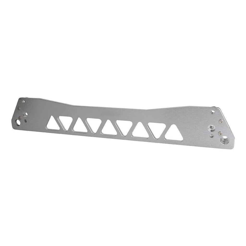 Silver subframe brace tie bar with triangular cutout center and corner bolt holes