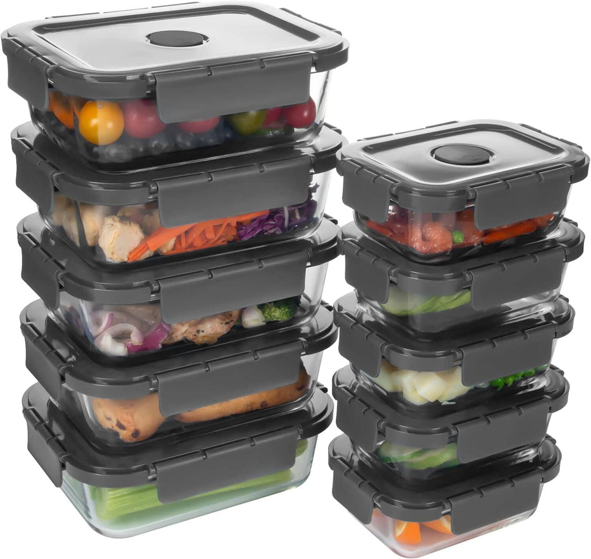10-pack clear glass food storage containers with dark gray snap lids