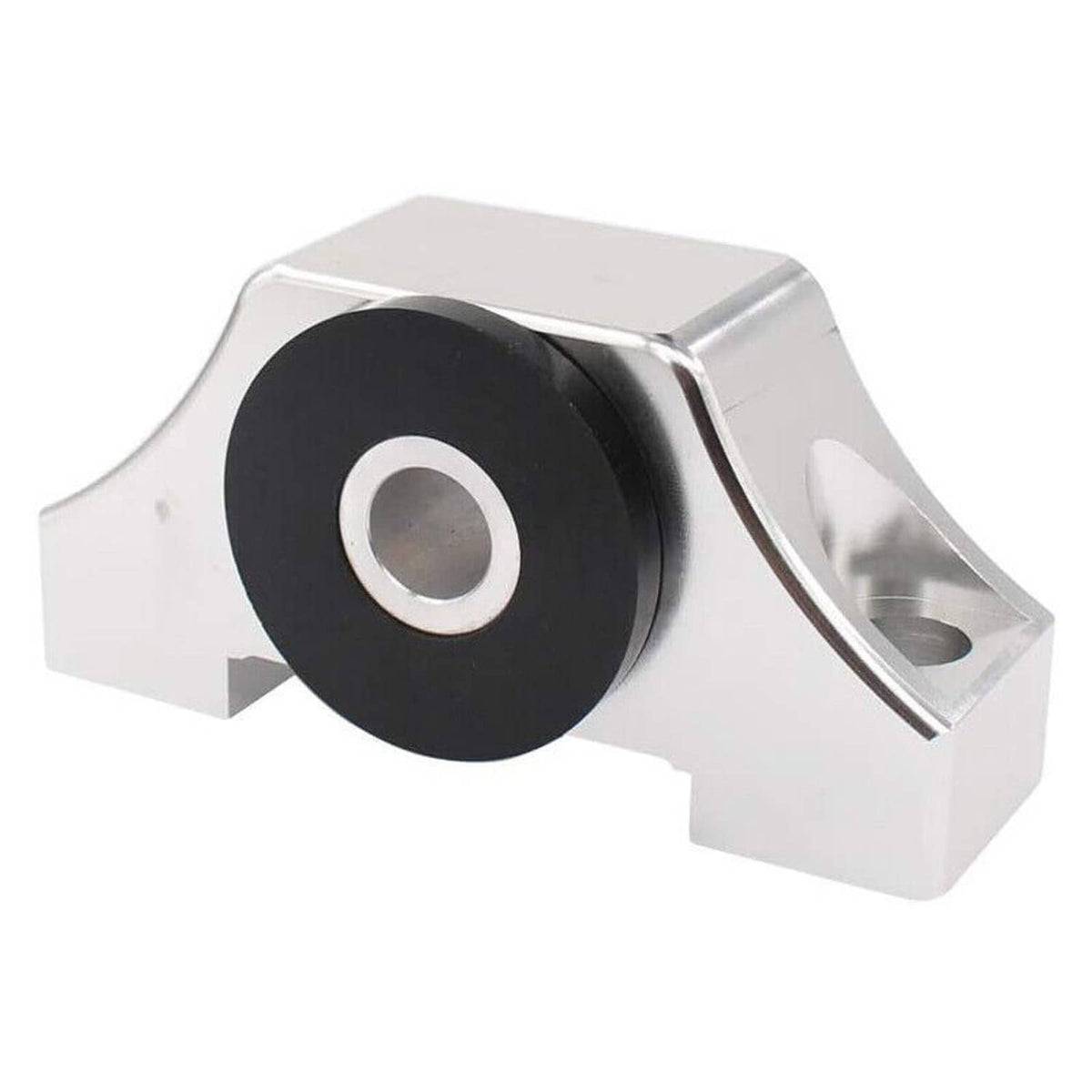 Silver engine motor mount with black rubber bushing and curved support bracket