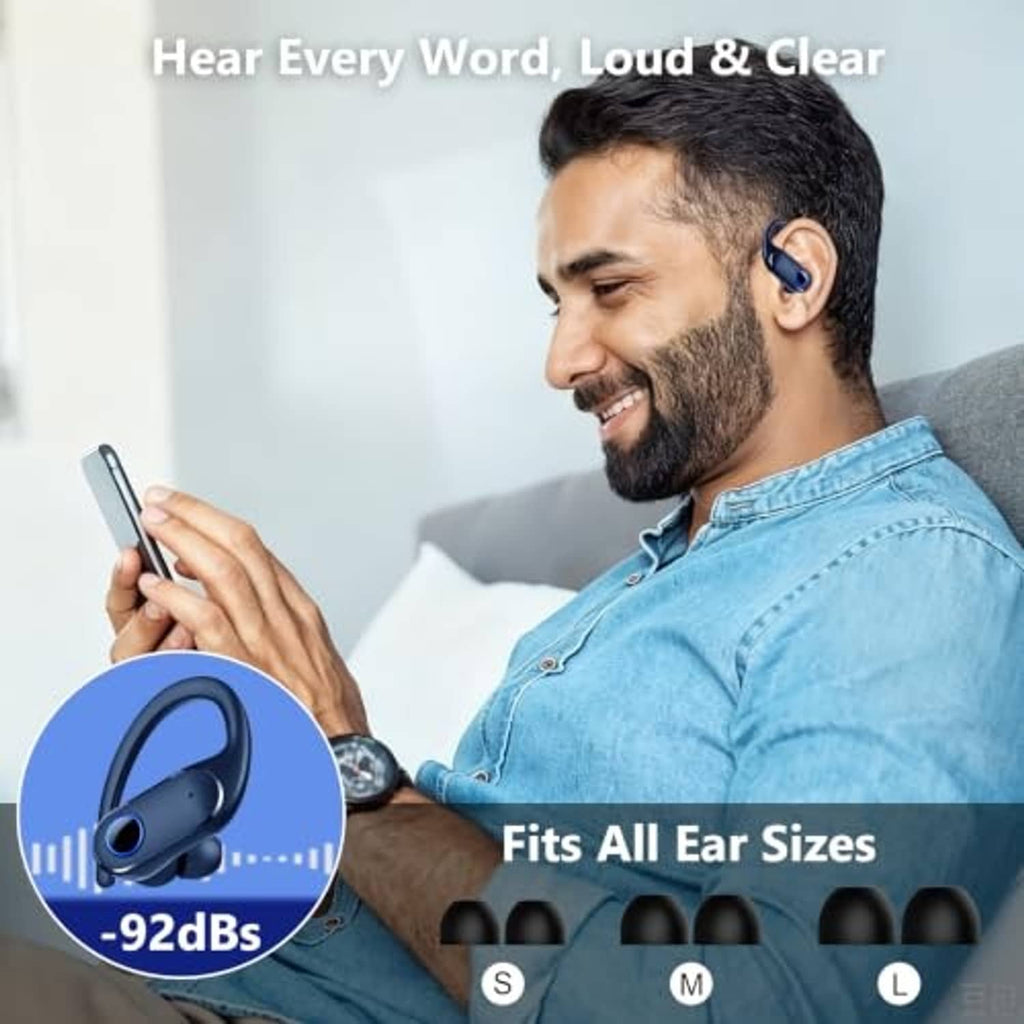 Dark blue wireless earbuds worn by a man with in-ear earhook fit
