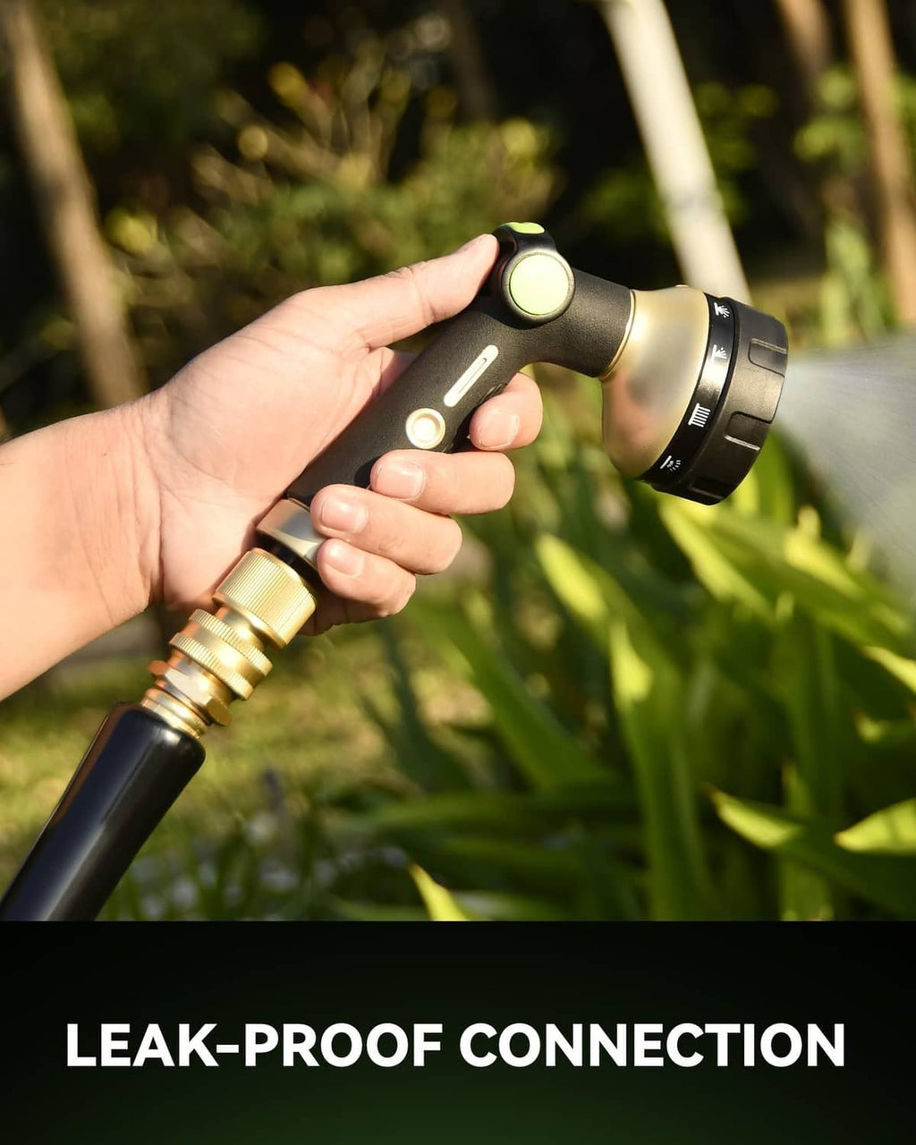 3/4 inch brass garden hose quick connector with black handle; held for attachment