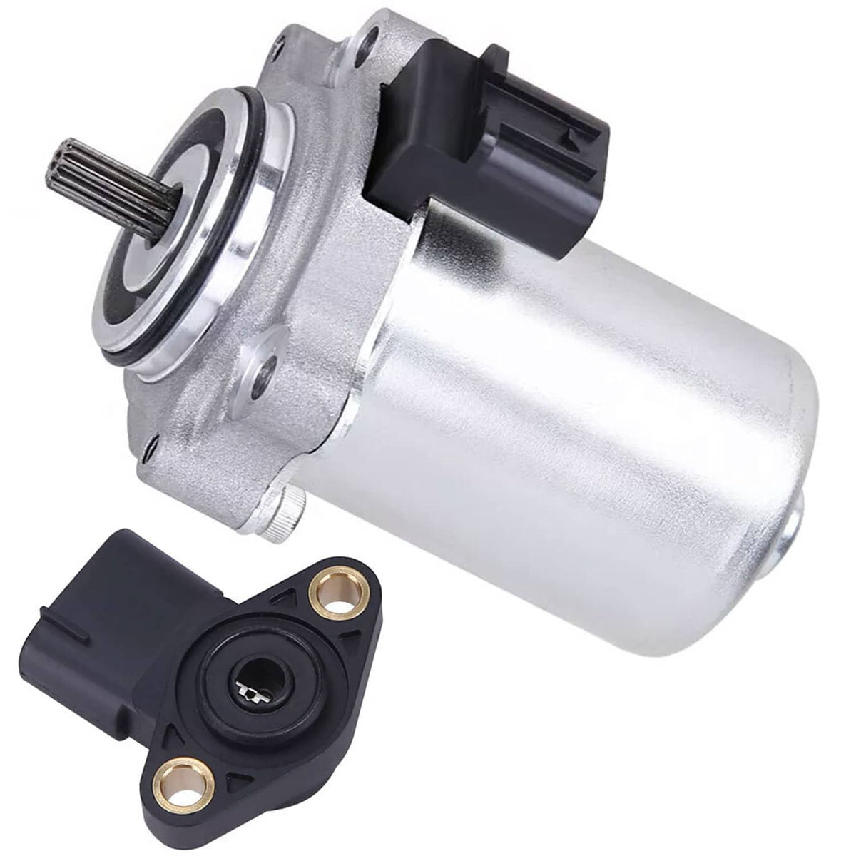 Power shift control motor with metal housing, drive shaft, and black wiring plug