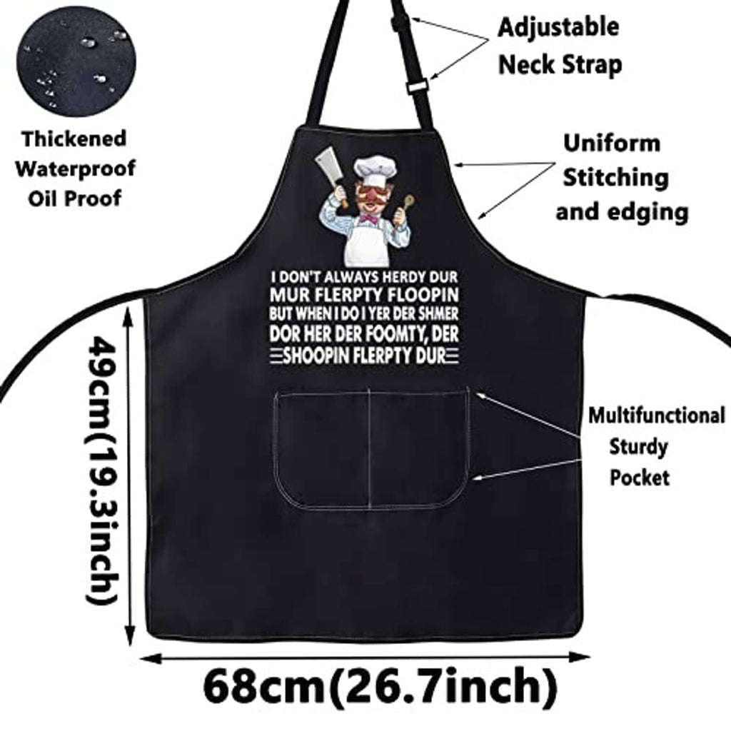 Black waterproof kitchen apron diagram: adjustable neck strap and large front pocket.
