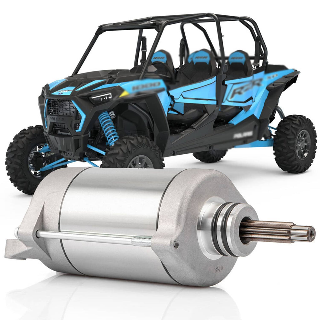 Starter motor with silver cylindrical housing and front output shaft on base plate