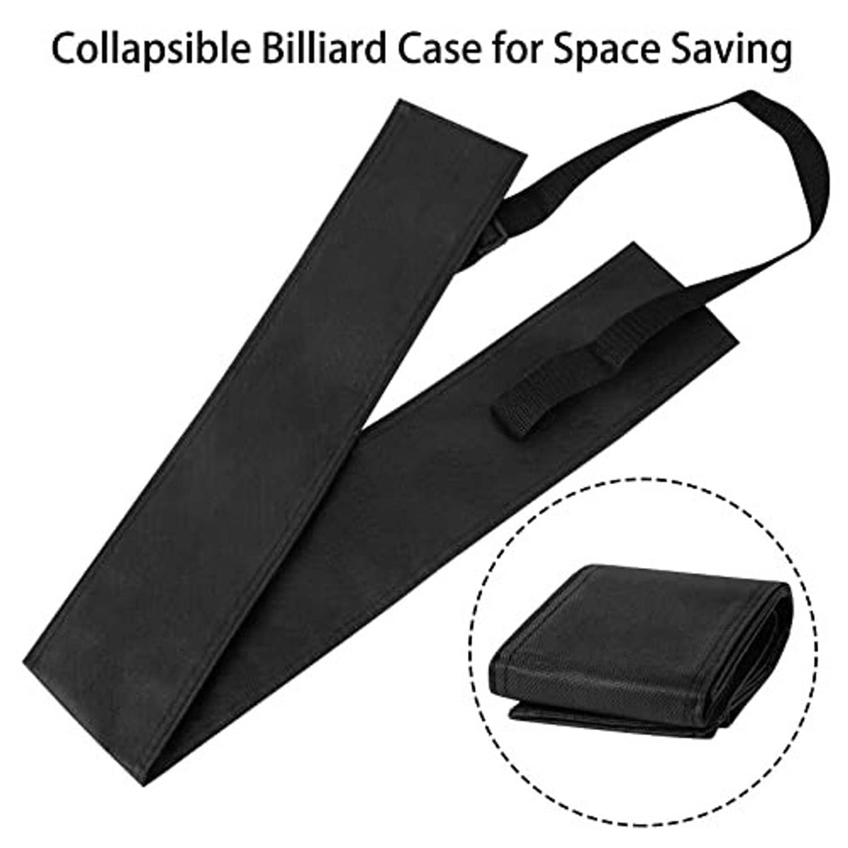 Collapsible black pool cue case with carrying strap and hook-and-loop closure