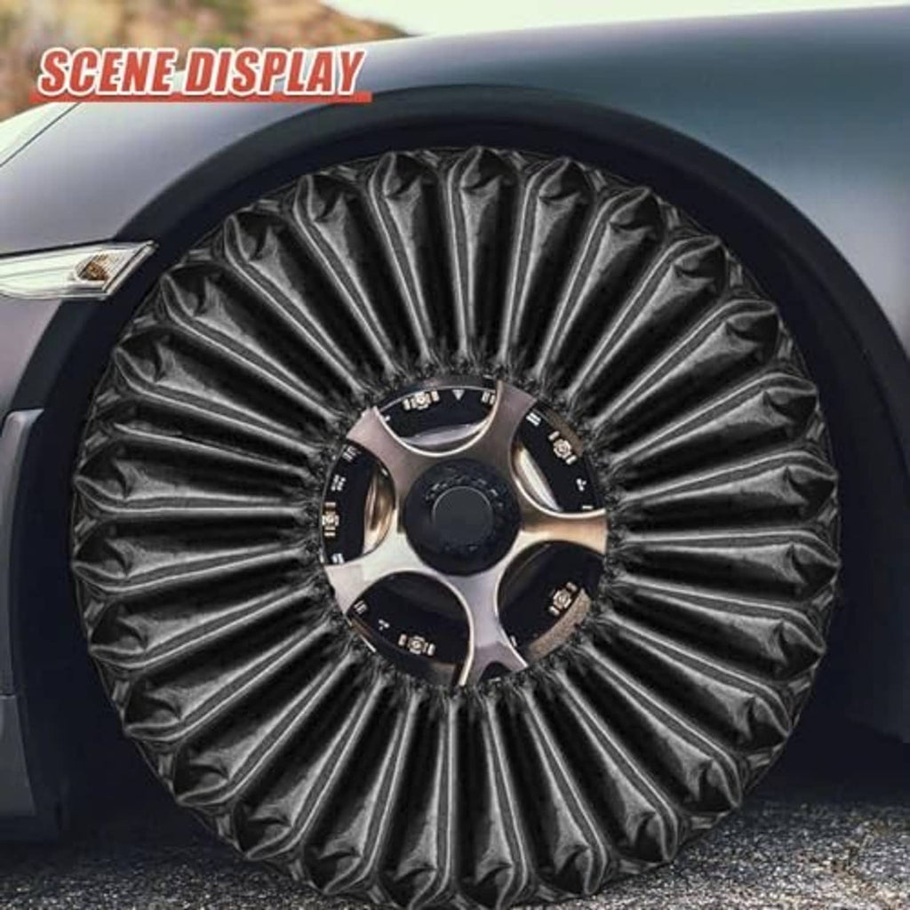 Close-up of black tire wheel cover with gathered texture over a rim