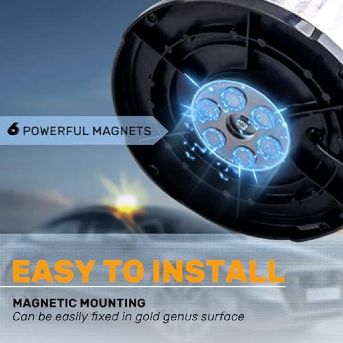 Amber LED magnetic beacon light underside detail with multiple magnets and bright LEDs