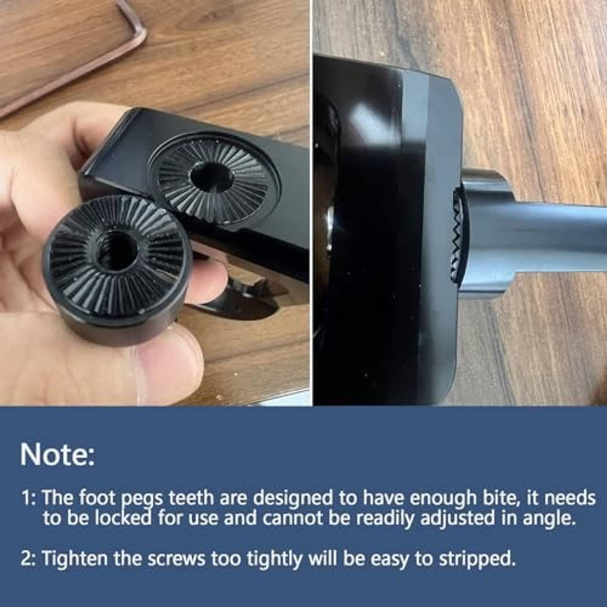 Black foot peg bushing and screw head close-up for installation
