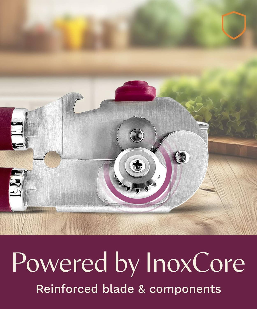 Stainless steel can opener mechanism with mauve top knob and reinforced cutting wheel