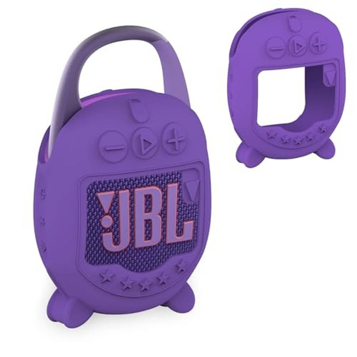 Purple silicone case for JBL speaker, front view with handle and control buttons