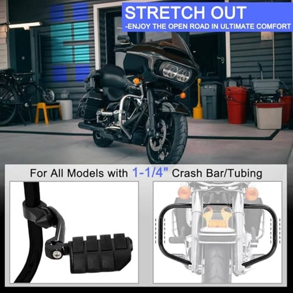 Black highway foot pegs with long angled mounts and textured rubber tread pads