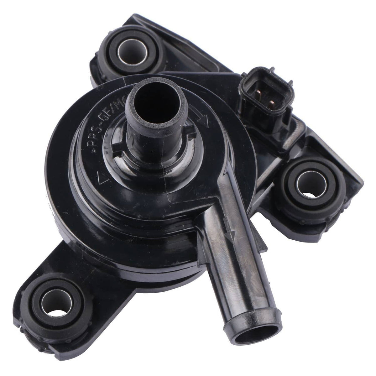Black electric inverter water pump with cap, inlet outlet tubes, and bracket mounts