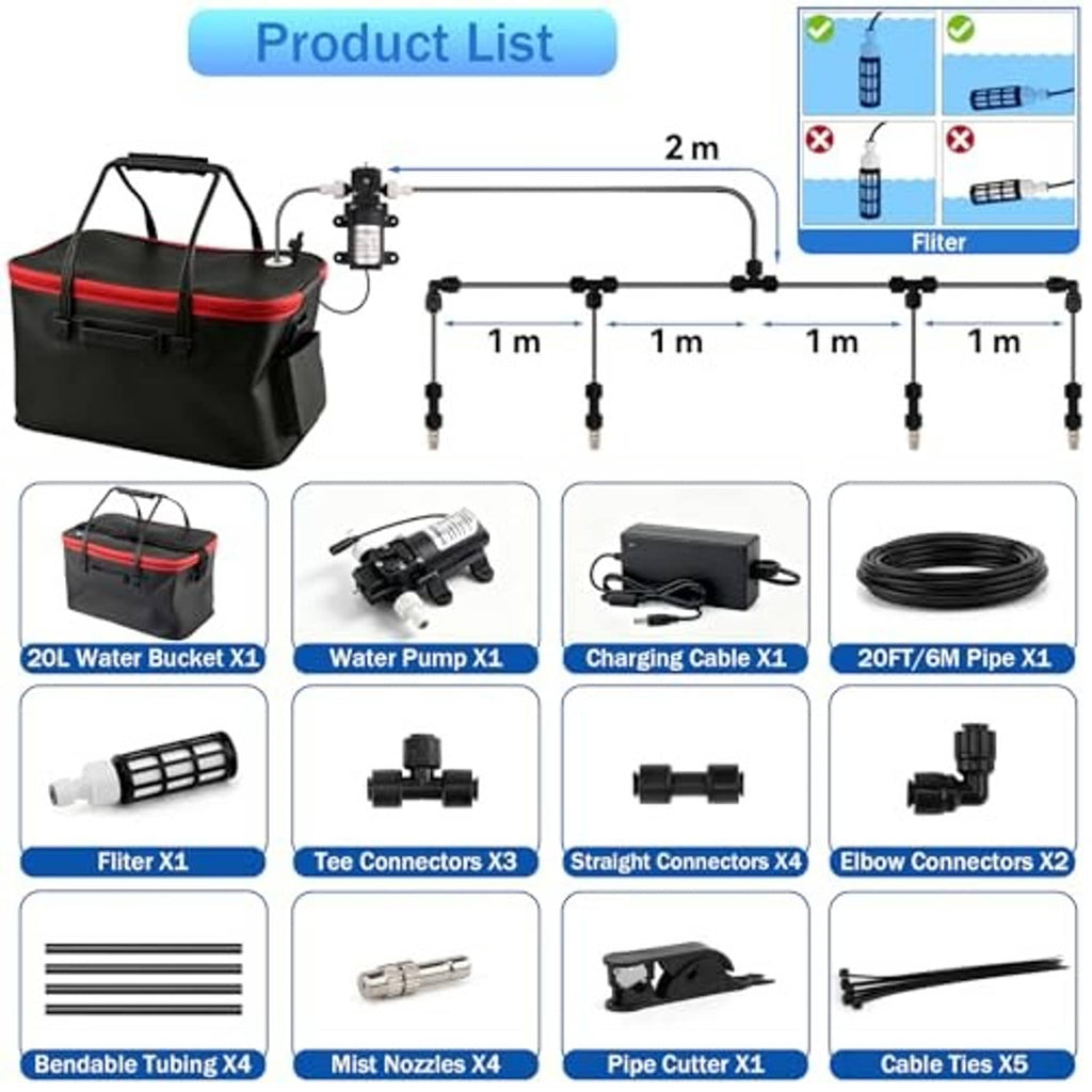 Portable misting system accessories set with bucket, pump, hose, nozzles, connectors, tubing