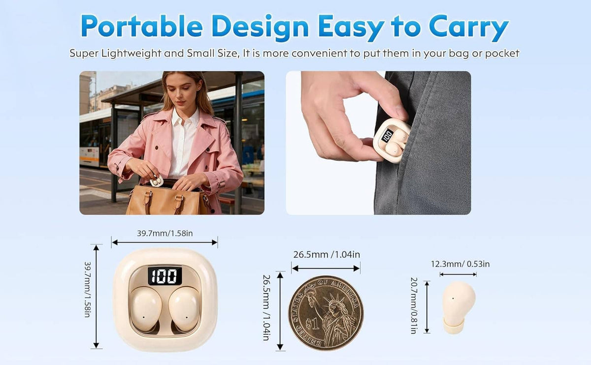 Portable mini sleep earbuds charging case with earbuds shown alongside size comparisons
