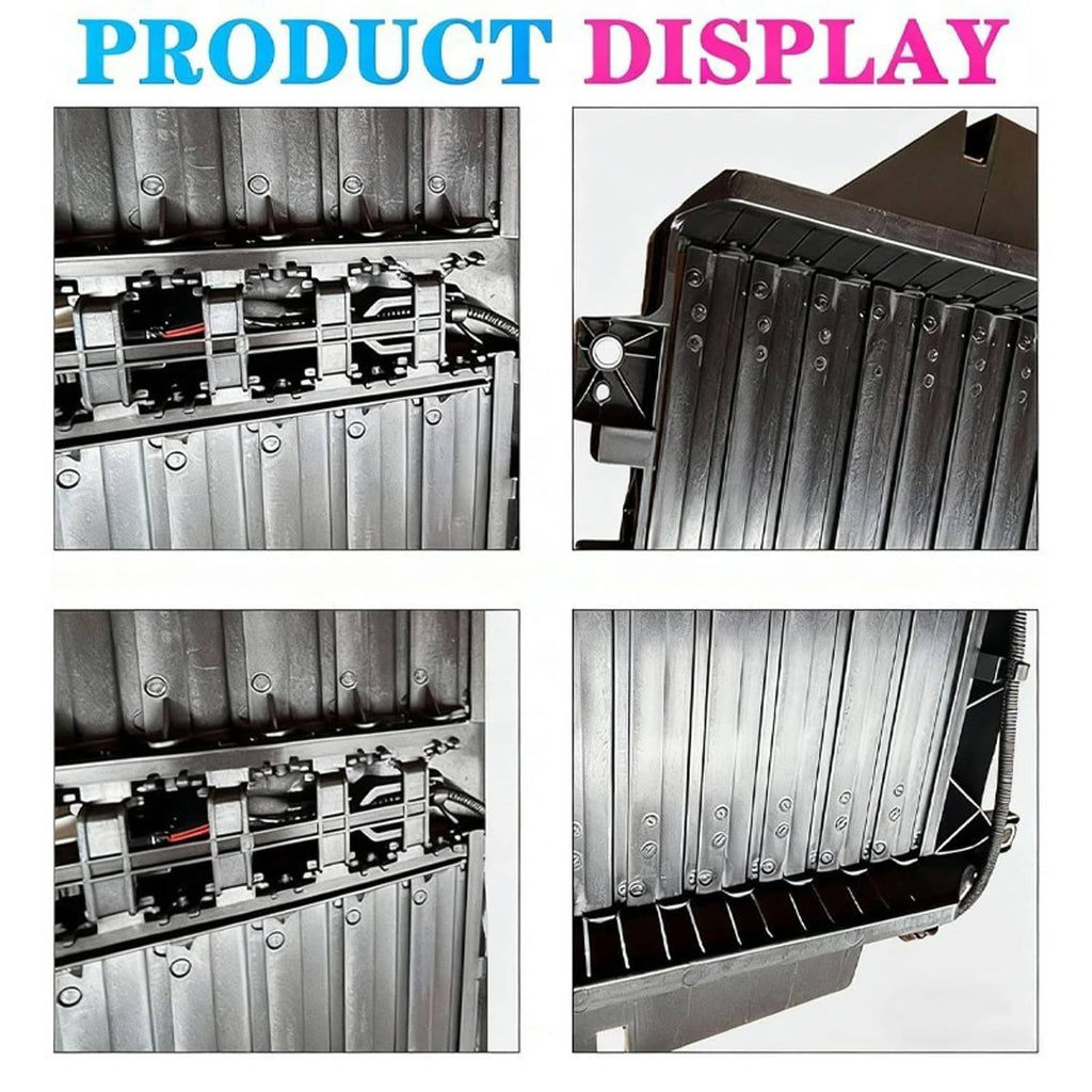 Grille shutter actuator and ribbed louver slats shown in close-up sections